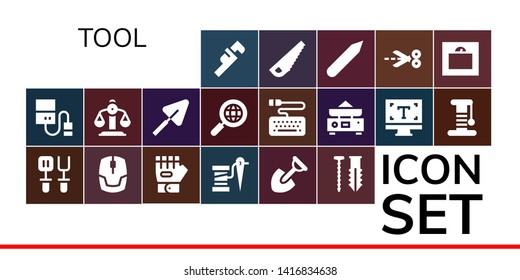 tool icon set. 19 filled tool icons.  Collection Of - Wrench, Hard drive, Spatula, Mouse, Glove, Thread, Shovel, Screw, Balance, Trowel, Search, Keyboard, Typography, Scratcher