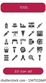 tool icon set. 25 filled tool icons.  Collection Of - Hydrant, Hat, Penknife, Saw, Vaccine, Pencil, Telescope, Piping bag, Pen, Searcher, Artist, Binoculars, Database, Color palette