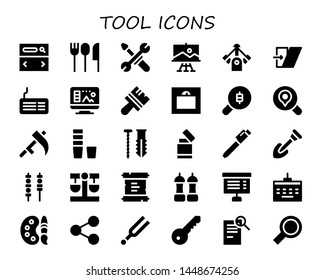 tool icon set. 30 filled tool icons.  Collection Of - Searcher, Cutlery, Tools, Paint, Motor, Shear, Keyboard, Design, Brush, Weight, Search, Scythe, Glass, Screw, Lighter, Pen