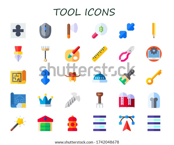 tool icon set.\
30 flat tool icons.  Simple modern icons such as: divide, mouse,\
axe, search, resize, pencil, pen, rake, paint, ruler, nail\
clippers, configuration, blueprint,\
scroll