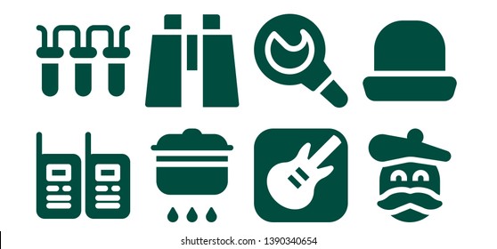 tool icon set. 8 filled tool icons.  Simple modern icons about  - Walkie talkies, Filter, Cooking, Binoculars, Garage band, Enema, Artist, Hat