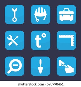 tool icon. Set of 9 filled tool icons such as ruler, helmet, toolbox, wrench, trowel, wrench and screwdriver, zoom out