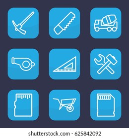 Tool icon. set of 9 outline tool icons such as wheel barrow, saw, concrete mixer, ruler, memory card, wrench hummer, hammer