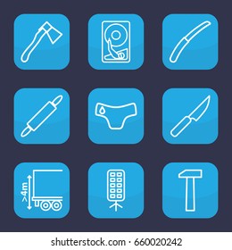 Tool icon. set of 9 outline tool icons such as children panties, axe, gardening knife, cargo height, soft box, dough pin, knife, hummer
