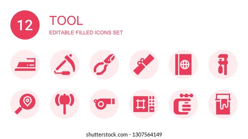 tool icon set. Collection of 12 filled tool icons included Iron, Scythe, Nail clippers, Scroll, Passport, Search, Ax, Whistle, Editor, Vise, Clamp, Paint can