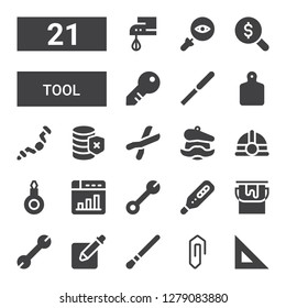 tool icon set. Collection of 21 filled tool icons included Ruler, Clip, Brush, Pencil, Wrench, Paint bucket, Thermometer, Web design, Threader, Helmet, Artist, Cutters, Database