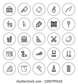 Tool icon set. collection of 25 outline tool icons with bucket, broom, brush, cut, cutting board, hat, fishing rod, eraser, knife, gardener, knive icons. editable icons.