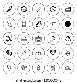 Tool icon set. collection of 25 outline tool icons with bottle opener, binoculars, cutting board, hat, grid, eraser, knife, log, gardening, iron icons. editable icons.