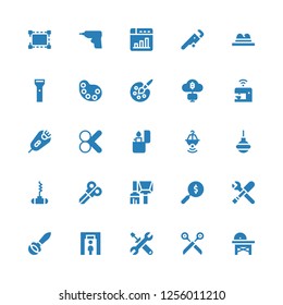 tool icon set. Collection of 25 filled tool icons included Saw, Scissors, Edit, Metal detector, Ladle, Tools, Search, Brush, Bottle opener, Enema, Pot, Lighter, Cut, Razor, Coffee machine