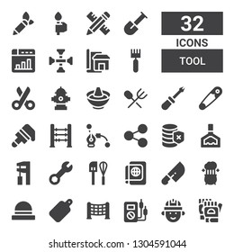 tool icon set. Collection of 32 filled tool icons included Gloves, Engineering, Voltmeter, Net, Cutting board, Hat, Pot, Knife, Passport, Mixer, Wrench, Holder, Database, Share