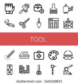 tool icon set. Collection of Gloves, Muffler, Paint roller, Scissors, Toolbox, Trowel, Hair brush, Tiles, Filter, Lever, Pencil, Coffee machine, Brush, Brick, First aid kit icons