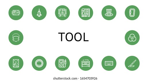 tool icon set. Collection of Razor blade, Syringe, Electric meter, Blueprint, Hat, Carabiner, Hard disk, Plate, Multimeter, Machinery, Keyboard, Brush, Lifting, Rgb icons