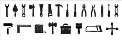 Tool Icon Set. Construction And Carpenter Vector Icons Set. Wrench, Garage Repair Tools, Handsaw, Hammer, Toolbox, Paintbrush, Pliers, Paint Roll Vectors Stock Illustration.