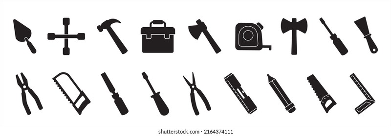 Tool icon set. Construction and carpenter vector icons set. Architecture instrument sign. Containing symbol of axes, lug wrench, cape, toolbox, wrench, hacksaw, hammer and screwdriver.