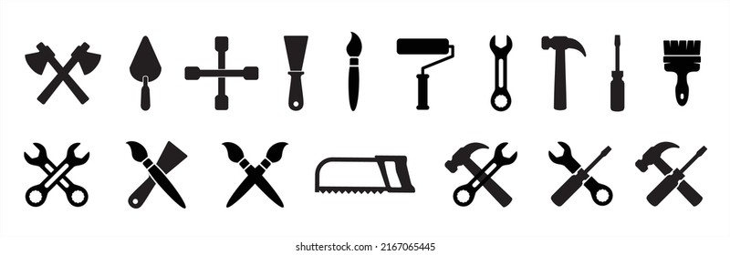 Tool icon set. Construction vector icons set. Architecture instrument sign. Containing symbol of axes, lug wrench, cape, painting job, paint roller, wrench, spanner, hacksaw, hammer and screwdriver.