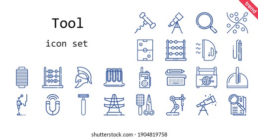 tool icon set. line icon style. tool related icons such as sewing box, keyboard, loupe, electric tower, 3d printer, thread, pencil, air hockey, magnet, observe, comb, walkie talkie, test tubes
