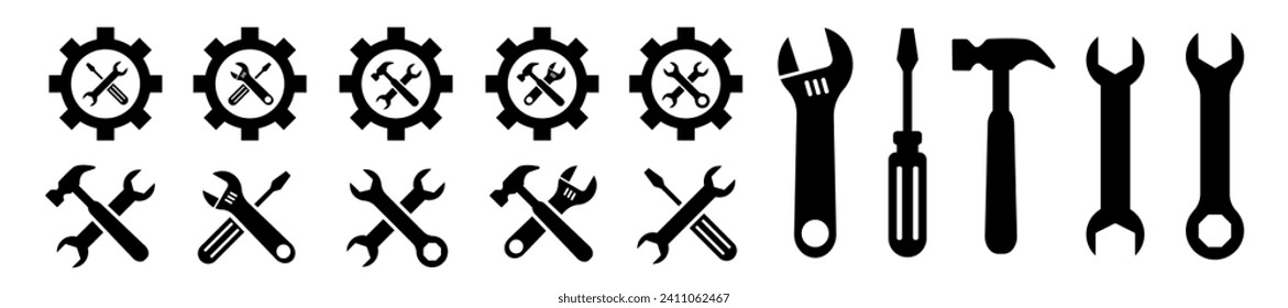 Conjunto de iconos de la herramienta. Símbolo del centro de servicio. Logo de soporte. Colección de signos de instrumentos. Herramientas de trabajo Icono. Icono de servicio