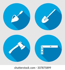 Tool icon set. Trowel, spattle, surfacer, axe, hache, shovel, spade, angle. Work, job, labour, toil, repair, fix, building symbol. White sign on round blue button with long shadow. Vector isolated