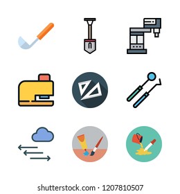 tool icon set. vector set about dentist tools, paint bucket, drilling and industrial robot icons set.