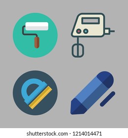 tool icon set. vector set about paint roller, protractor, pen and mixer icons set.
