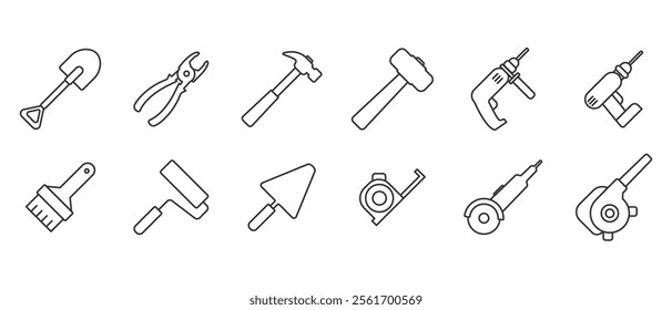 Tool icon set. Working tools. Tool kit icons. Working tools set. Repair and construction tools collection in line style vector illustration in transparent background. Editable stroke. Eps10