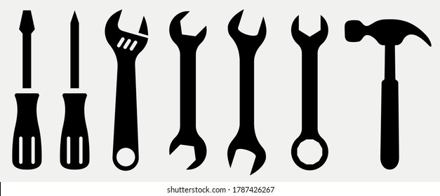 Tool Symbol Set.Hammer drehen Schraubenwerkzeug Symbol.Instrument Sammlung. Vektorgrafik