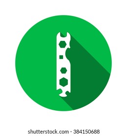 Tool icon. Spanner, nut wrench instrument. Industrial, fixing, support hardware service symbol. White sign on round green flat button. Vector  