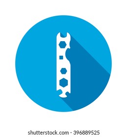 Tool icon. Spanner, nut wrench instrument. Industrial, fixing, support hardware service symbol. White sign on round flat button. Vector  