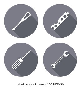 Tool icon. Spanner, nut wrench, screwdriver, turnscrew instrument. Industrial, fixing, repair, service symbol. White sign on round flat button. Vector  