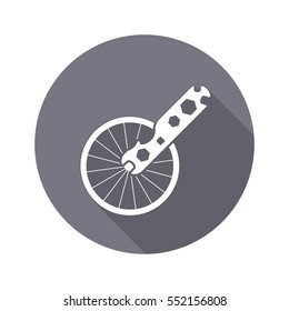 Tool icon. Spanner, nut wrench instrument. Industrial, fixing, service symbol. White sign on round flat button. Vector