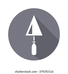 Tool icon. Spattle, surfacer, plastering instrument. Work, job, labor, toil, repair, building symbol. White sign on round gray button with long shadow. Vector isolated