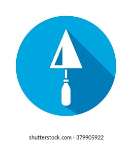 Tool icon. Spattle, surfacer, plastering instrument. Work, job, labour, toil, repair, building symbol. White sign on round blue button with long shadow. Vector isolated