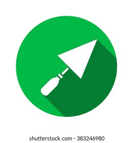 Tool icon. Spattle, surfacer, plastering instrument. Work, job, labour, toil, repair, building symbol. White sign on round green button with long shadow. Vector isolated