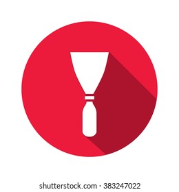 Tool icon. Spattle, surfacer, plastering instrument. Work, job, labour, toil, repair, building symbol. White sign on round red button with long shadow. Vector isolated
