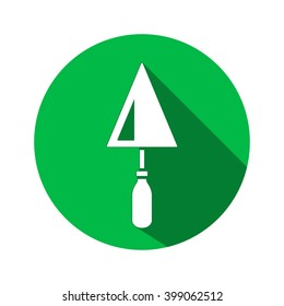 Tool icon. Spattle, surfacer, plastering instrument. Work, job, labour, toil, repair, building symbol. White sign on round button with long shadow. Vector isolated