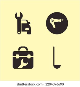 Tool Icon. Tool Vector Icons Set Car Repair, Toolbox, Hair Dryer And Ladle Spoon