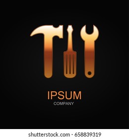 Tool icon. Vector Illustration. Design logo element. Isolated on black background. With golden effect.