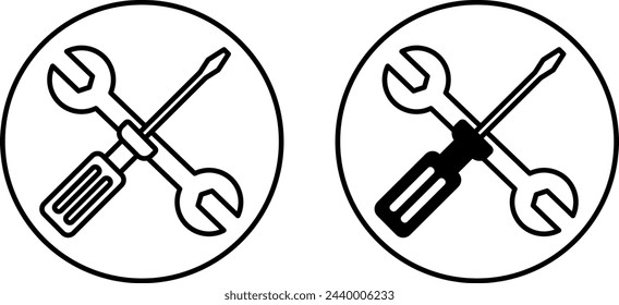 Symbole. Schwarz-Weiß Vektor-Icons von Schraubenschlüssel und Schraubendreher. Autoreparatur. Kfz-Servicekonzept