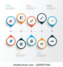 Tool icons colored line set with clip, marker, brush and other highlighter elements. Isolated vector illustration tool icons.