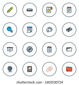 Tool icons colored line set with to do list, open folder, palette and other training elements. Isolated vector illustration tool icons.