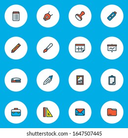Tool icons colored line set with pencil, cutting knife, to do list and other suitcase elements. Isolated vector illustration tool icons.