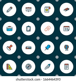 Tool icons colored line set with clip, stapler, clipboard and other thumbtack elements. Isolated vector illustration tool icons.