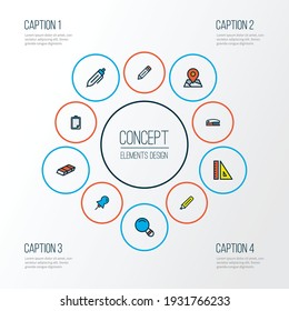 Tool icons colored line set with stapler, map, magnifier and other survey elements. Isolated vector illustration tool icons.