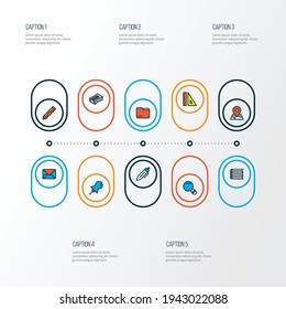 Tool icons colored line set with ruler, crayola, pin and other sharpen elements. Isolated vector illustration tool icons.