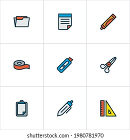 Tool icons colored line set with crayola, scissors, ruler and other crayons elements. Isolated vector illustration tool icons.