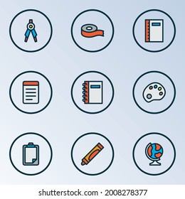 Tool icons colored line set with scotch, notebook, clipboard and other copybook elements. Isolated vector illustration tool icons.