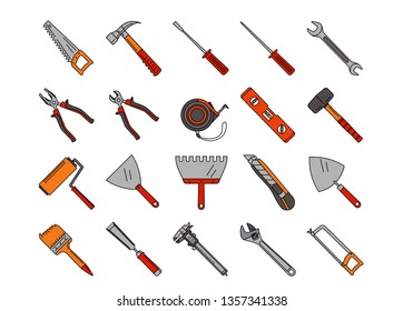 Tool icons: hacksaw, handsaw, screwdriver, pliers,  bubble level, spatula, paint roller, cutter, paint brush, caliper,  wrench, hammer