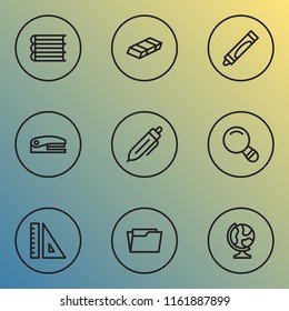 Tool icons line style set with magnifier, books, globe and other pen elements. Isolated vector illustration tool icons.