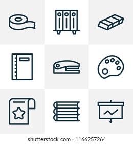 Tool icons line style set with notebook, eraser, folders on shelf and other favorite elements. Isolated vector illustration tool icons.