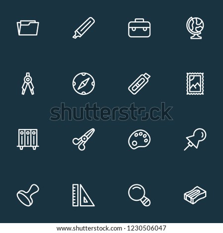 Tool icons line style set with open folder, stamp, magnifier and other measurement elements. Isolated vector illustration tool icons.